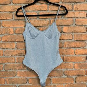 Iris Women's Metallic Shimmer Scoop Neck‎ Pastel Blue Sleeveless Bodysuit Size S